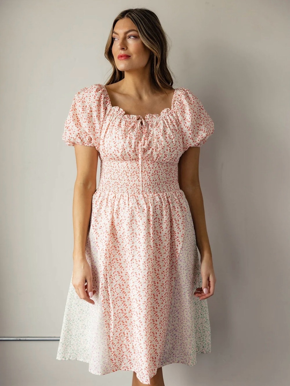 Roolee Smocked Puff Sleeve Floral Midi Dress
